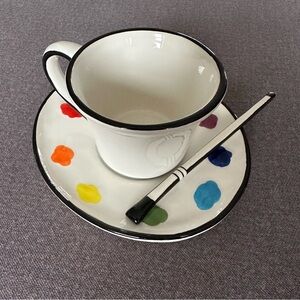 Brand New! 🎨☕️ Painter’s Palette Handmade Tea Cup, Saucer & Stirrer w/ Gift Box